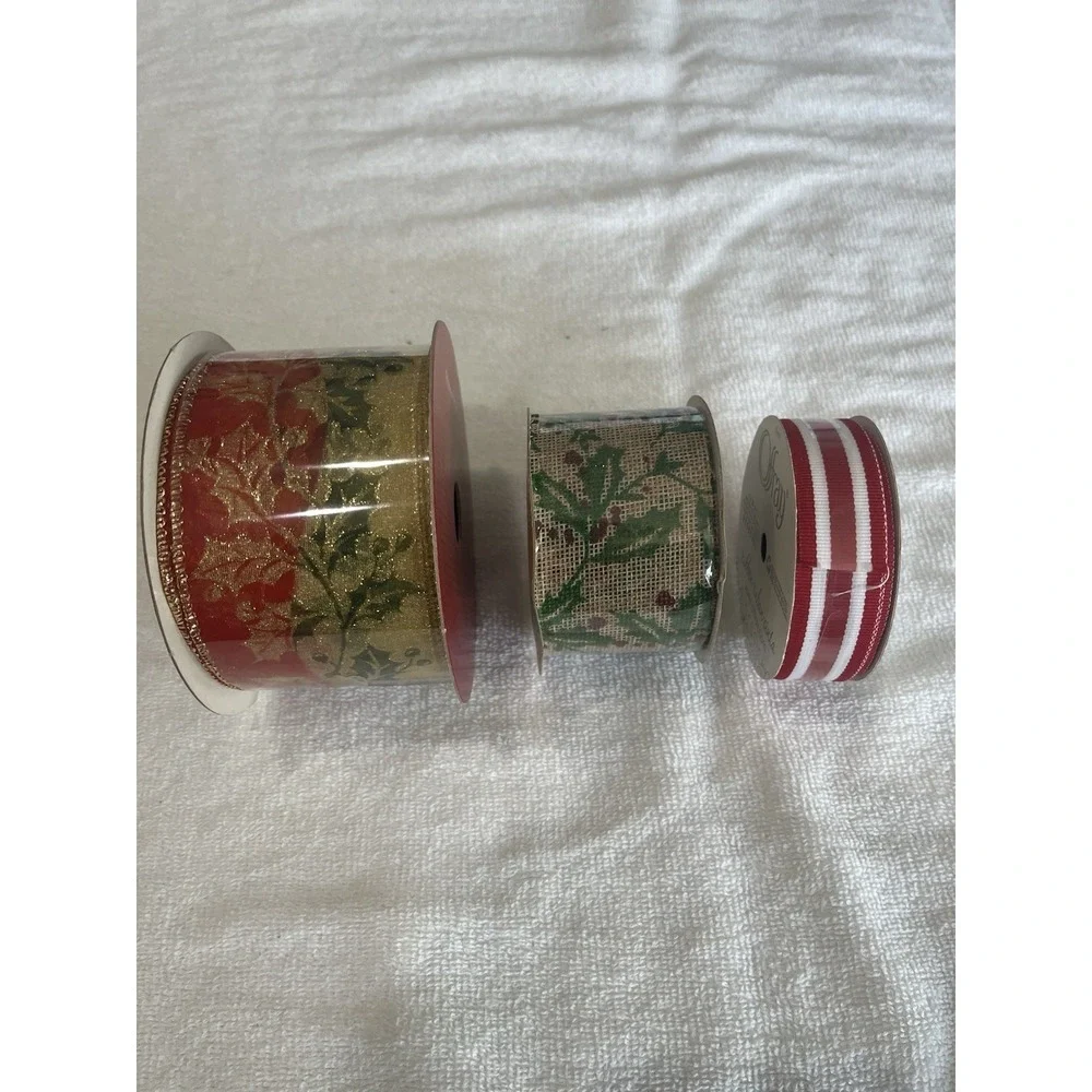 Lot Of 3 Christmas Holiday Craft Ribbon‎ Bows Holly Burlap Grograin